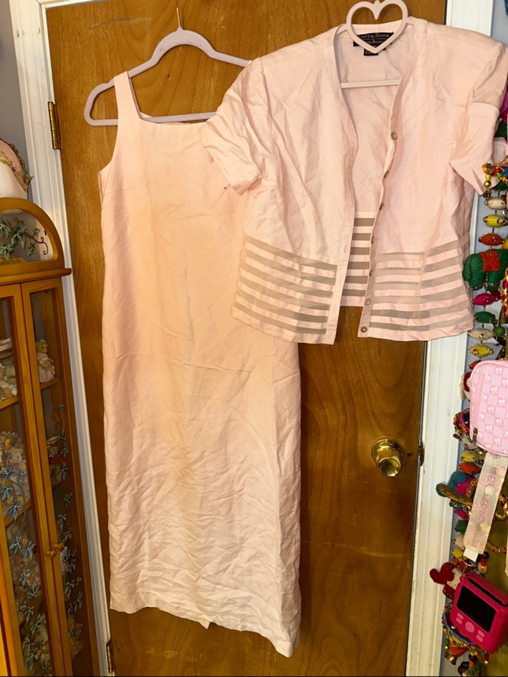 Light Blush Two-Piece Dress Set with Sheer Stripe Jacket